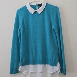 Woman’s cashmere charter club teal sweater small with white beaded shirt under S